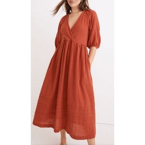 Madewell Marianna Orange Puff-Sleeve Midi Dress Size Gauzy Faux Wrap Small